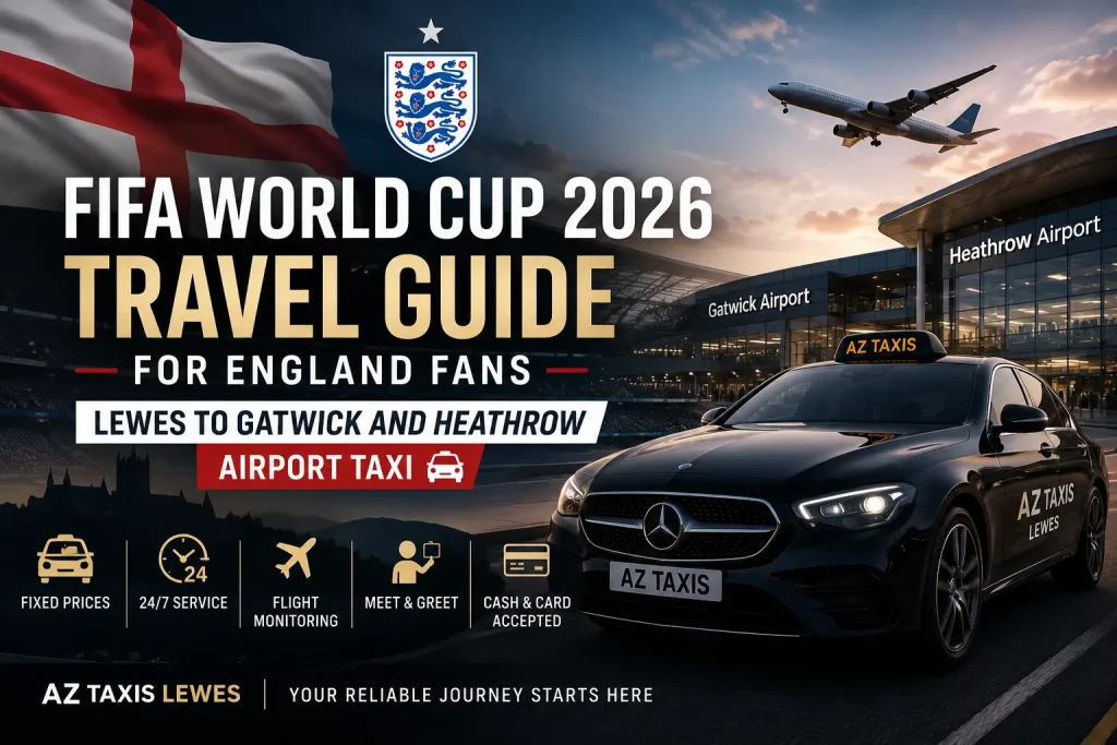 FIFA World Cup 2026 travel guide with airport taxi, airplane, and modern airport background.